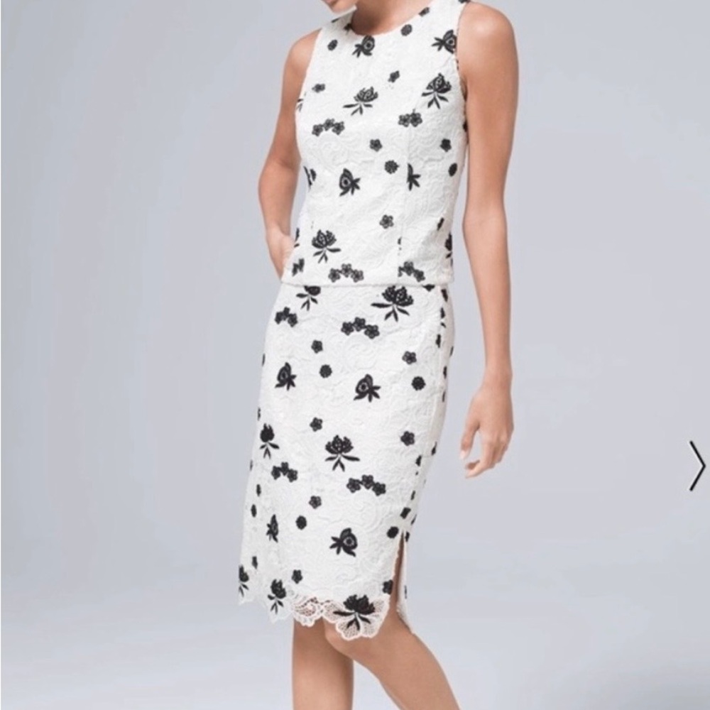 White House Black Market 2 piece White Lace Dress with Black Appliqué